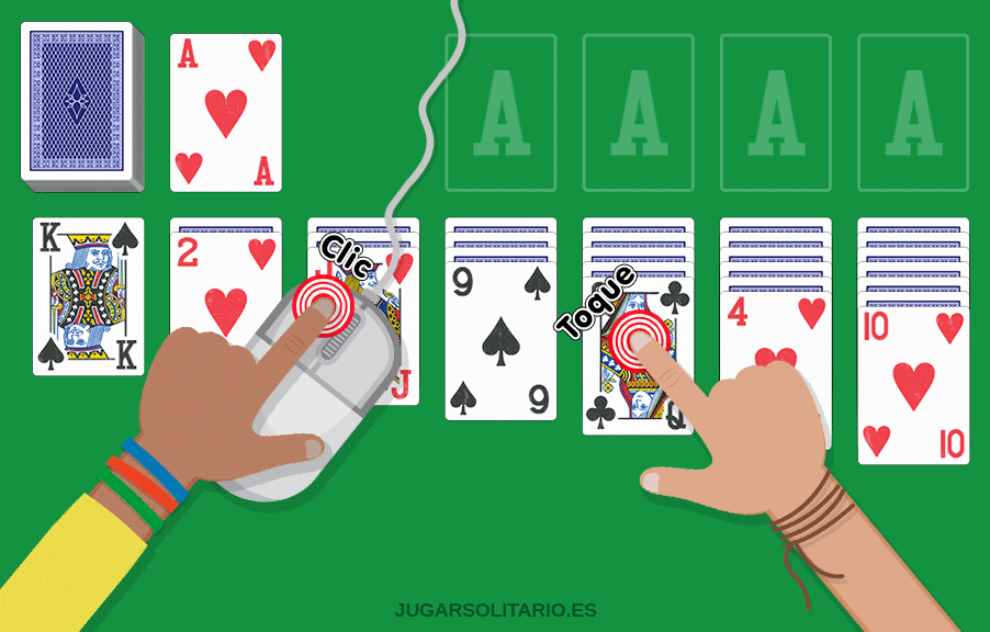Jugar Solitario haciendo clic o tocando sobre las cartas o moviéndolas con el ratón o los dedos